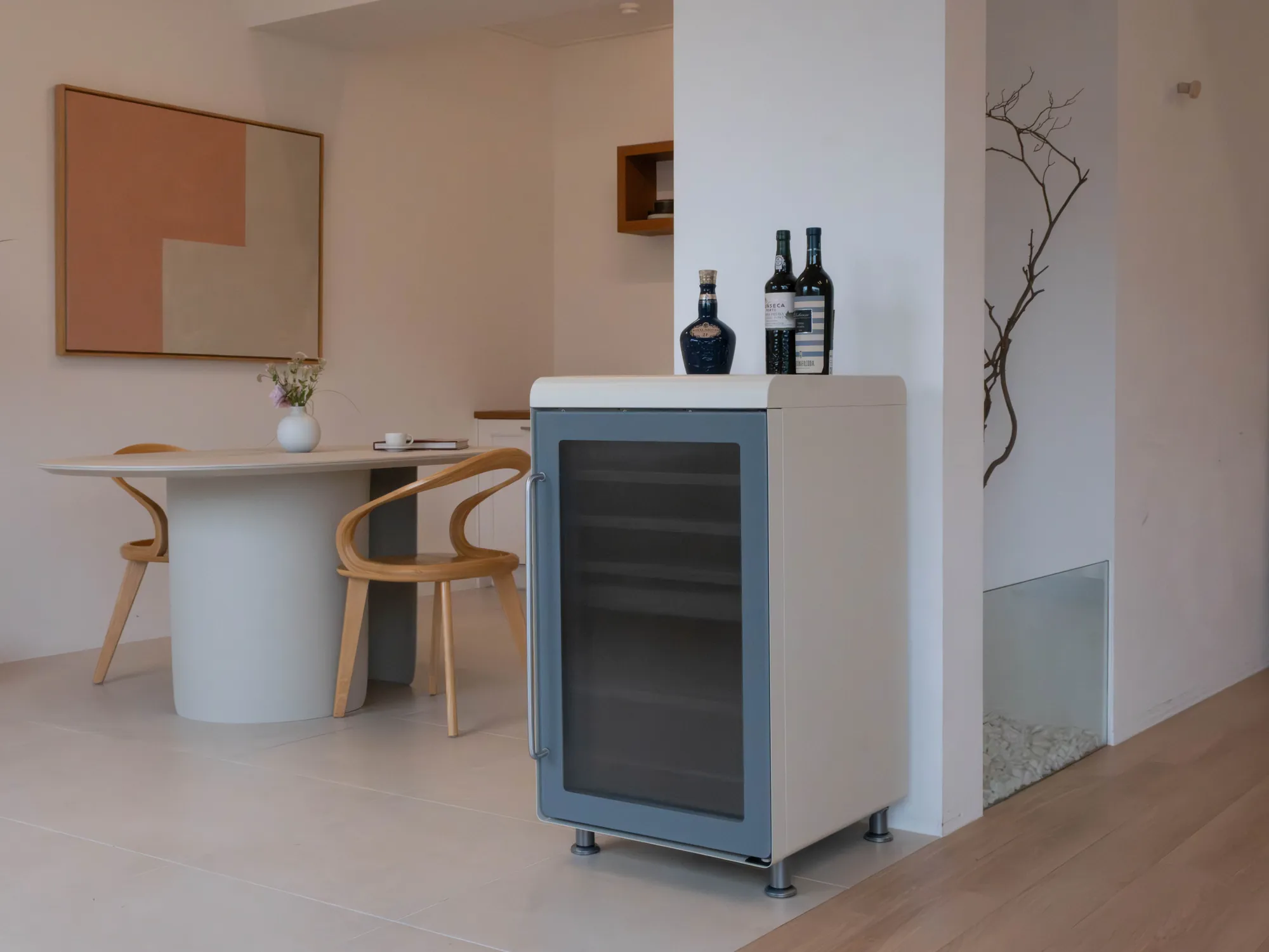 Wine cellar beside a round table