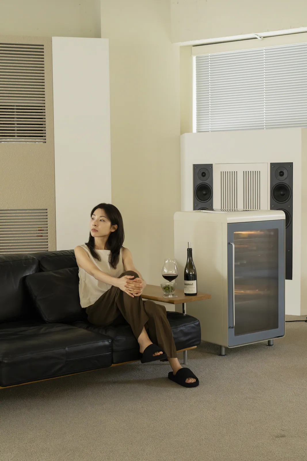 Wine cellar beside a sofa
